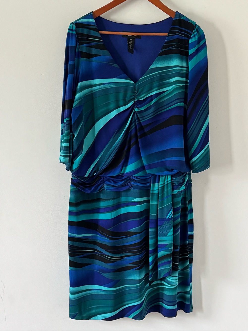 Lane Bryant Blue Teal Swirl Abstract Ruched 3/4 Sleeve Dress 14/16